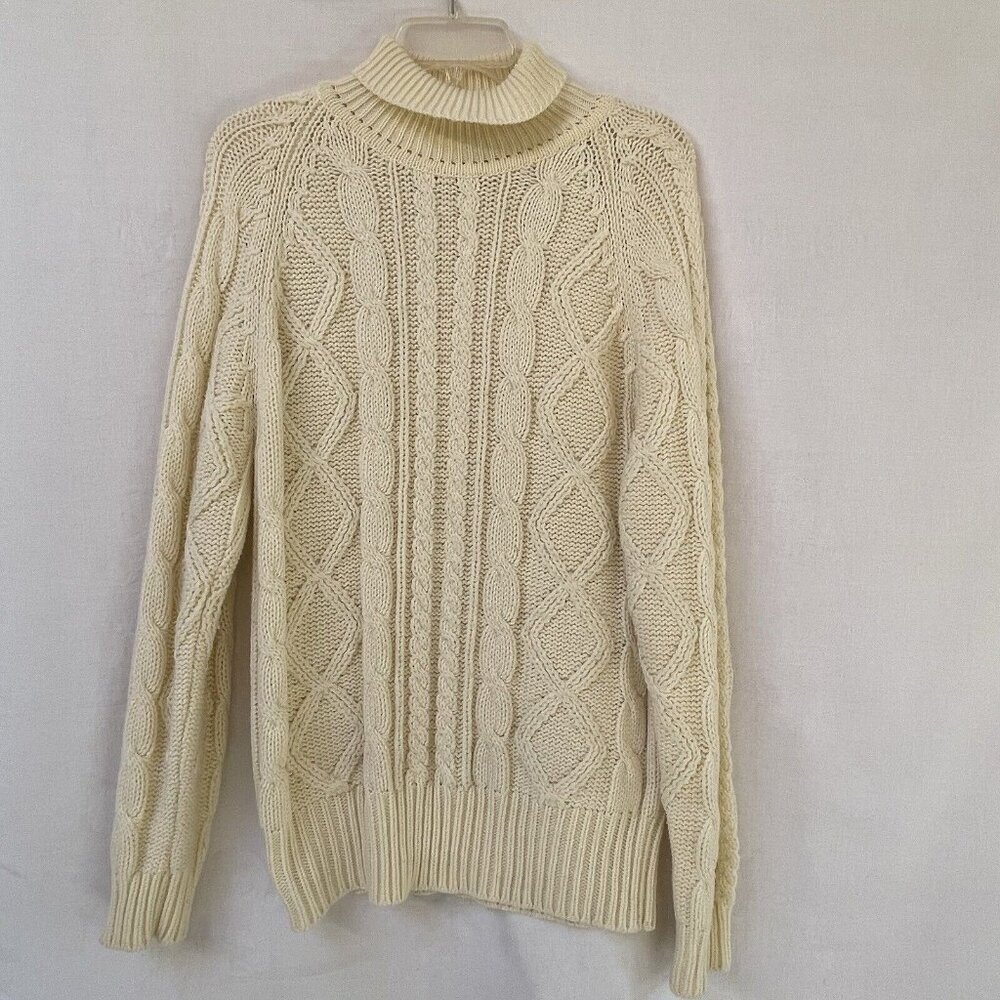 Vintage Cable Knit Fisherman Sweater Cream Womens Medium Chunky Turtleneck